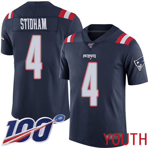 New England Patriots Limited Navy Blue Youth #4 Jarrett Stidham NFL Jersey 100th Season Rush->new england patriots->NFL Jersey